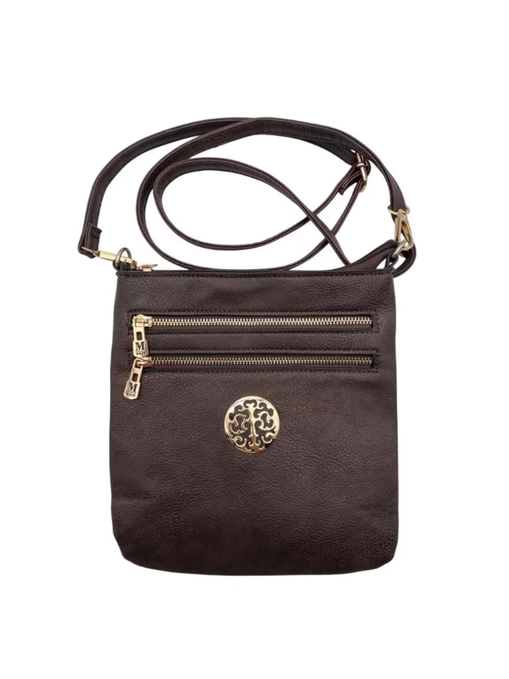 Montana West Brown Faux Leather Crossbody Bag Gold Accents Zippered Compartments - Picture 3 of 14